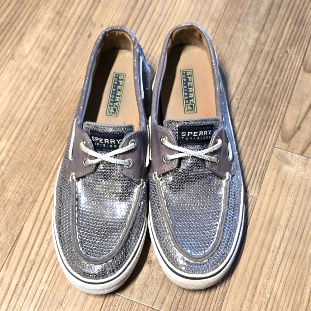 Sperry Top-Sider Bahama Sequin Nautical Boat Shoes Silver Comfort Shoe Sz 8